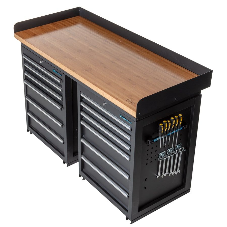 Werkbank PRO, Schwarz Bambus Arbeitsplatte 12 Schubladen 150 cm