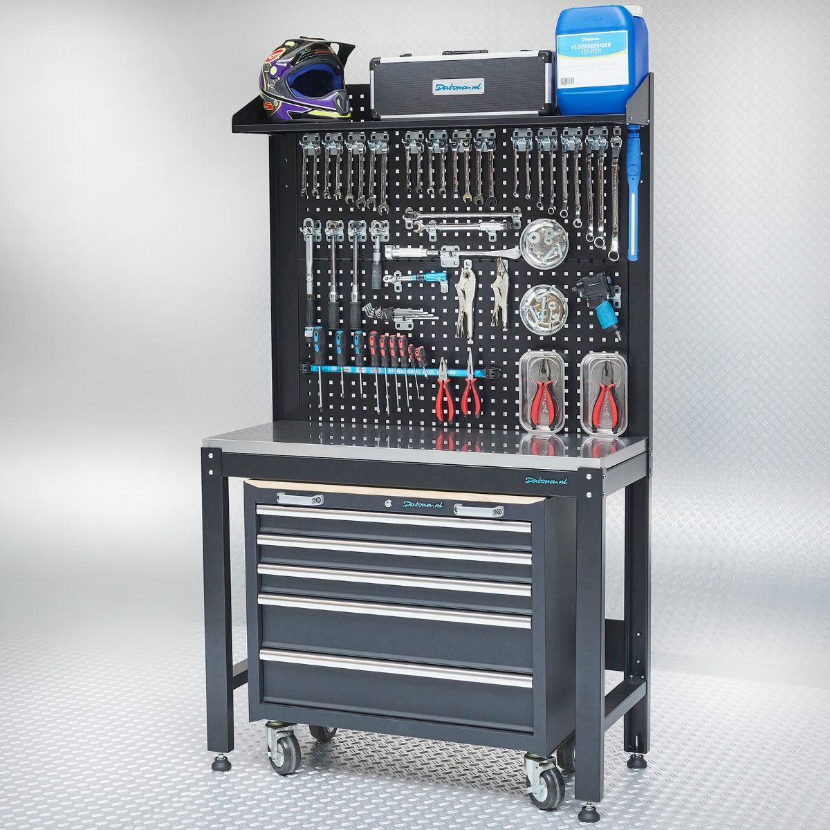 GYMAX Werkbank Mit Lochwand – 230 Kg Tragkraft, 24 Haken, 2 Schubladen, Regale – Blau Für Garage & Werkstatt