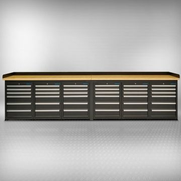 PRO Werkbank – Bambus-Arbeitsplatte – 36 Schubladen – 400 cm – Schwarz