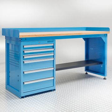 Werkbank PRO - Bambus Arbeitsplatte - 6 Schubladen - 200 cm - Blau