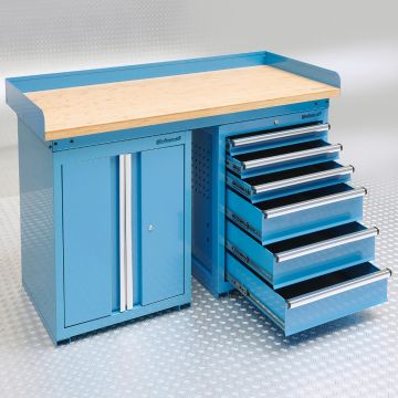 Werkbank PRO 150 cm mit Schubladenschrank und Werkzeugschrank - Blau