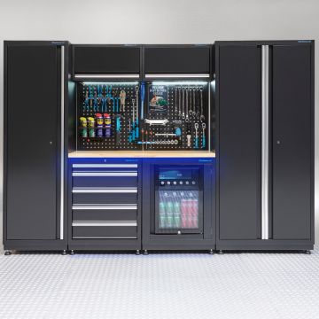 Werkstatteinrichtung PREMIUM Eichenplatte mit Kühlschrank – 285cm breit
