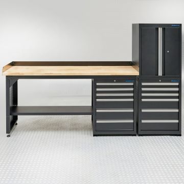 Werkbank 200 cm – 1 Türenschrank & 2 Schubladenschränke – Bambus