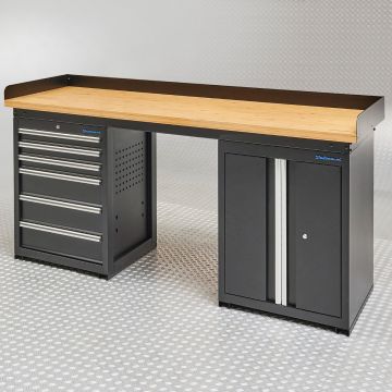 Werkbank PRO - Eiche mit 6 Schubladen und Werkzeugschrank - 200 cm