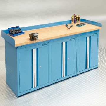 Werkbank PRO Bambus mit 3 Werkzeugschränken 200 cm - Blau
