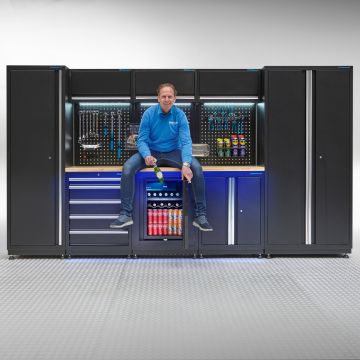 Werkstatteinrichtung PREMIUM Eichenplatte mit Kühlschrank – 354 cm