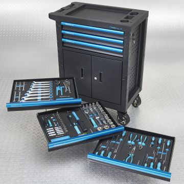 Werkzeugwagen mit 3 bestückten Schubladen und Schrank