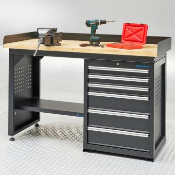 Werkbank PRO, Schwarz mit Eichen Arbeitsplatte - 150 cm 