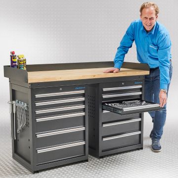 Werkbank PRO - Arbeitsplatte aus Eiche - 12 Schubladen - 150 cm