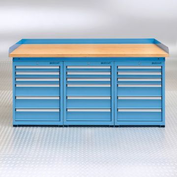 Werkbank PRO - Bambus Arbeitsplatte - 18 Schubladen - 200 cm - Blau
