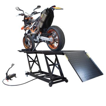 Hydropneumatische Motorradhebebühne mit Radklemme und Spanngurt
