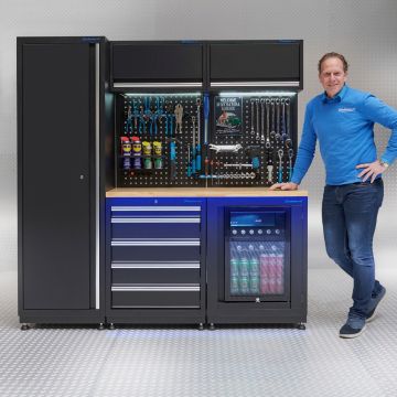 Werkstatteinrichtung PREMIUM Eichenplatte mit Kühlschrank – 200 cm breit