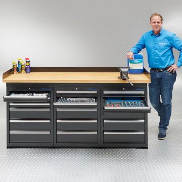 Werkbank PRO - Arbeitsplatte Eiche - 18 Schubladen - 200 cm - Schwarz 