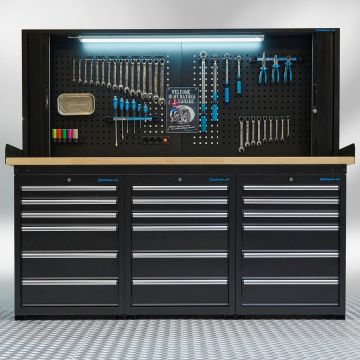 Werkbank PRO – Eichen-Arbeitsplatte – 18 Schubladen – Werkzeugschrank – 200 cm – Schwarz