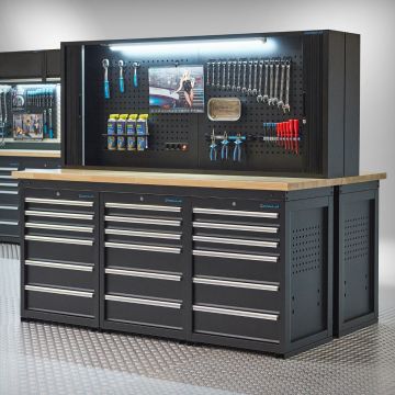 Werkbank PRO – Eichenarbeitsplatte – 36 Schubladen – mit Werkzeugschrank – Schwarz