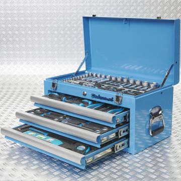 Werkzeugkiste mit drei Schubladen - 4 Fächer bestückt - blau