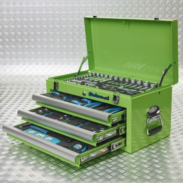 Werkzeugkiste mit drei Schubladen - 4 Fächer bestückt - grün