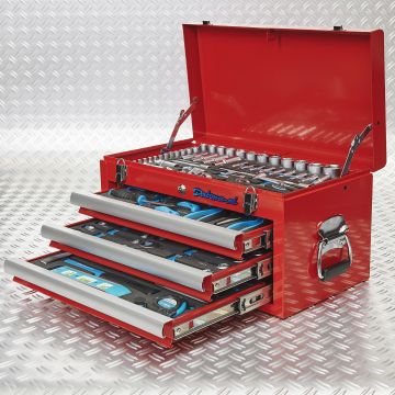 Werkzeugkiste mit drei Schubladen - 4 Fächer bestückt - Rot