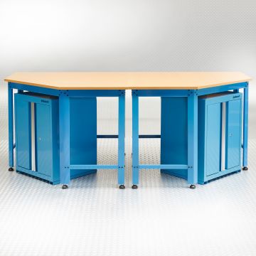 Eckwerkbank mit MDF Arbeitspatte - Blau (2 Stück) + Werkzeugschrank (2 Stück)