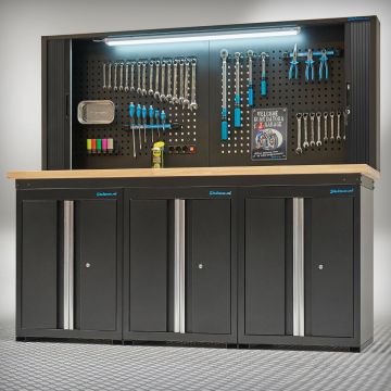 Werkbank PRO Eiche – 3 Türschränke – 1 Lochwandschrank – 200 cm – Schwarz