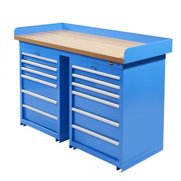 Werkbank PRO, Blau mit Eichen Werkblatt - 12 Schubladen - 150 cm