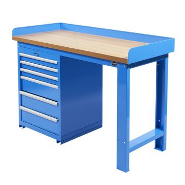 Werkbank PRO, Blau mit Eichen Werkblatt - 150 cm
