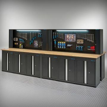 Werkbank PRO Eiche – 12 Aufbewahrungsschränke – 4 Werkzeugschränke – 400 cm – Schwarz