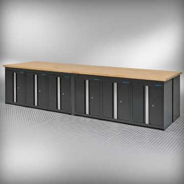 Werkbank PRO Eiche – 12 Aufbewahrungsschränke – 400 cm – Schwarz