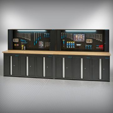 Werkbank PRO Eiche – 6 Aufbewahrungsschränke – 2 Werkzeugschränke – 200 cm – Schwarz