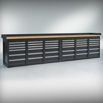 Werkbank PRO – schwarz – 36 Schubladen – 400 cm – Eichenplatte