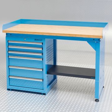 Werkbank PRO, Blau mit Bambus Arbeitsplatte  - 150 cm