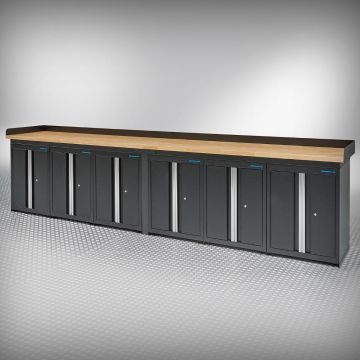 Werkbank PRO Eiche – 6 Aufbewahrungsschränke – 400 cm – Schwarz