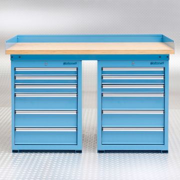 Werkbank PRO, Blau mit Bambus Arbeitsplatte 12 Schubladen - 150 cm