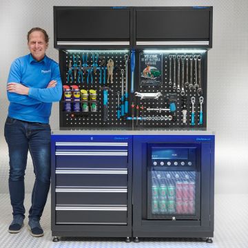 Werkstatteinrichtung PREMIUM 135 cm breit, Edelstahlplatte mit Kühlschrank 