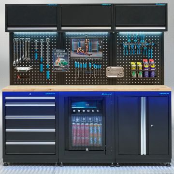 Werkstatteinrichtung PREMIUM Eichenplatte mit Kühlschrank – 204 cm breit