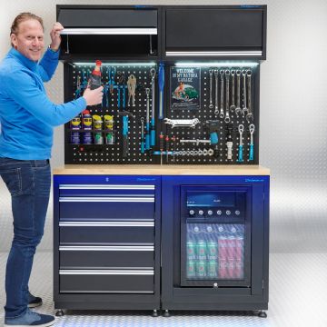 Werkstatteinrichtung PREMIUM Eichenplatte mit Kühlschrank – 135cm breit