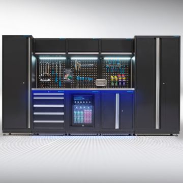 Werkstatteinrichtung PREMIUM Edelstahl-Arbeitsplatte mit Kühlschrank – 354 cm 