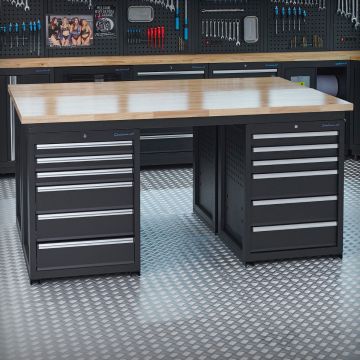 Werkbank PRO – Eichenarbeitsplatte – 24 Schubladen – 200 cm – Schwarz