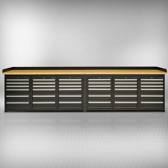 PRO Werkbank – Bambus-Arbeitsplatte – 36 Schubladen – 400 cm – Schwarz