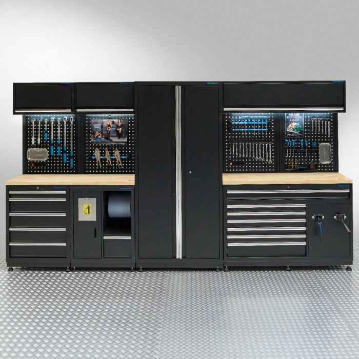 Werkstatteinrichtung PREMIUM mit Arbeitsplatte aus Eichenholz – 362 cm breit