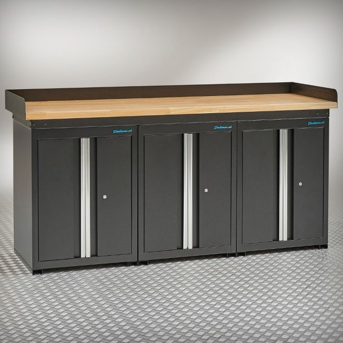 Werkbank PRO Eiche – 3 Aufbewahrungsschränke – 200 cm – Schwarz