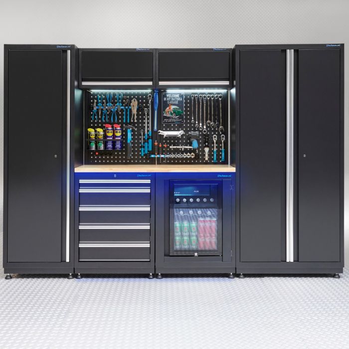 Werkstatteinrichtung PREMIUM Eichenplatte mit Kühlschrank – 285cm breit