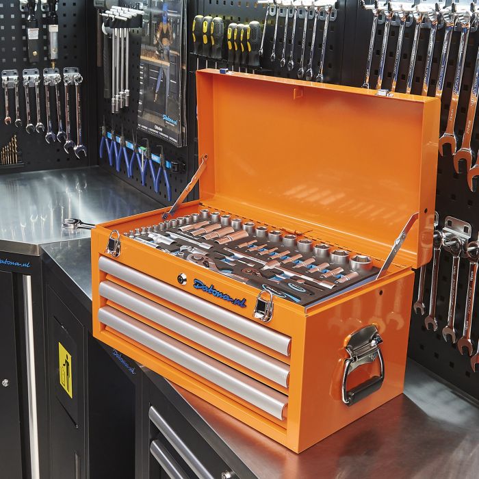 Werkzeugkiste mit drei Schubladen - 3 Fächer bestückt - orange
