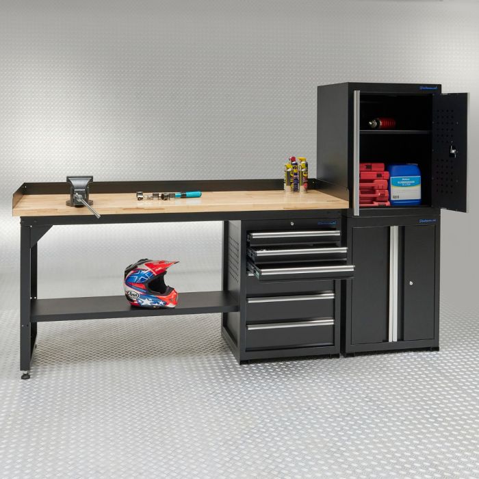 Werkbank 200 cm BAMBUS - 2 Türenschränke und 1 Schubladenschrank-1