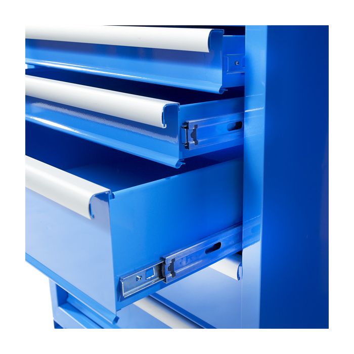 Werkbank PRO, Blau mit Eichen Werkblatt - 12 Schubladen - 150 cm