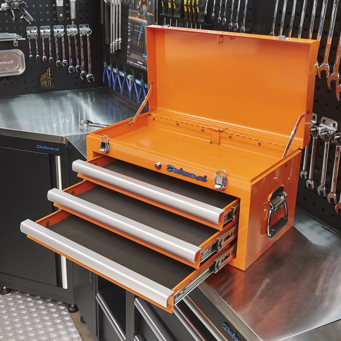 Werkzeugkiste mit drei Schubladen - 4 Fächer bestückt - orange
