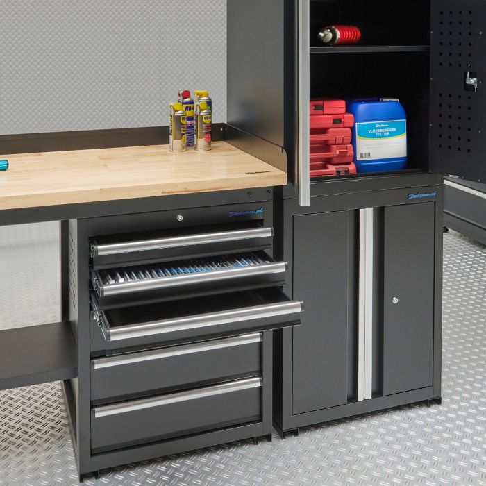 Werkbank 200 cm BAMBUS - 2 Türenschränke und 1 Schubladenschrank-4