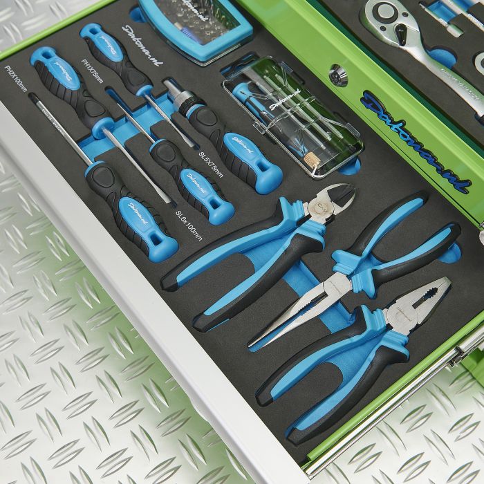 Bestückte Werkzeugkiste mit drei Schubladen - 4 Fächer bestückt - grün