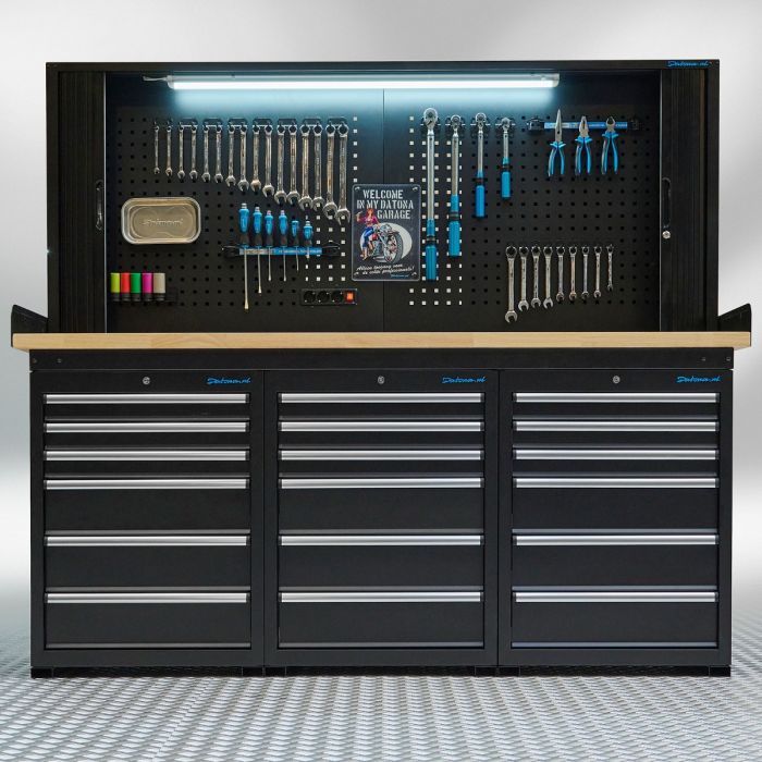 Werkbank PRO – Eichen-Arbeitsplatte – 18 Schubladen – Werkzeugschrank – 200 cm – Schwarz