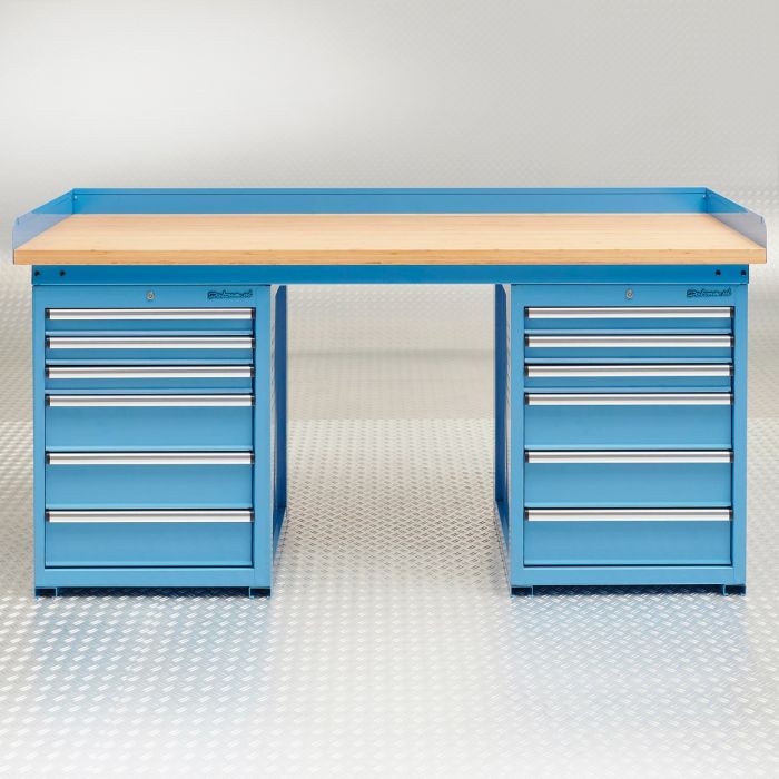 Werkbank PRO - Bambus Arbeitsplatte - 12 Schubladen - 200 cm - Blau